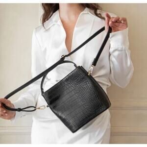 AOTA Bucket Bag Elena Vegan Black Leather Mock Croc Embossed Medium NWT